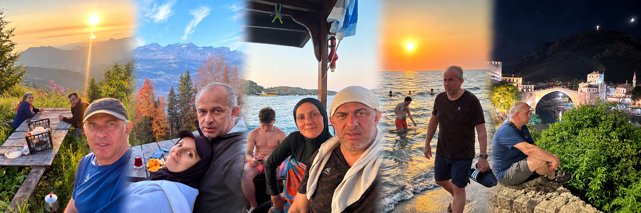 Yol ve gün batımı — kişisel fotoğraflarımdan hazırlanmış beşli kolaj